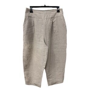 Masai Linen Cropped Pants Size M Beige High Rise Smocked Waist Cuffed Hem